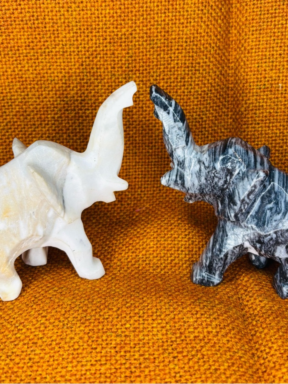 Pair of Carved Stone Elephant Figurines - White & Gray Marble